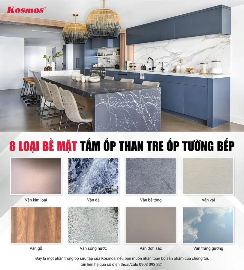 8 loại bề mặt tấm ốp than tre ốp tường bếp với nhiều lựa chọn phong phú