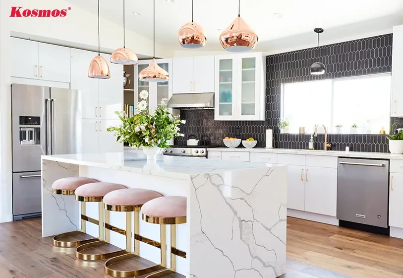 Bàn đảo bếp ốp than tre vân đá đẹp, dễ vệ sinh, mang vẻ đẹp hiện đại