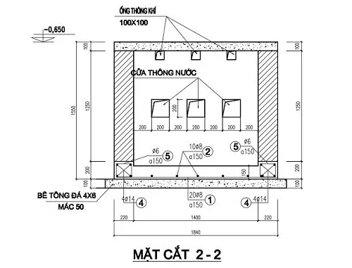 Bản vẽ chi tiết các ngăn và đường ống trong bể phốt 3 ngăn