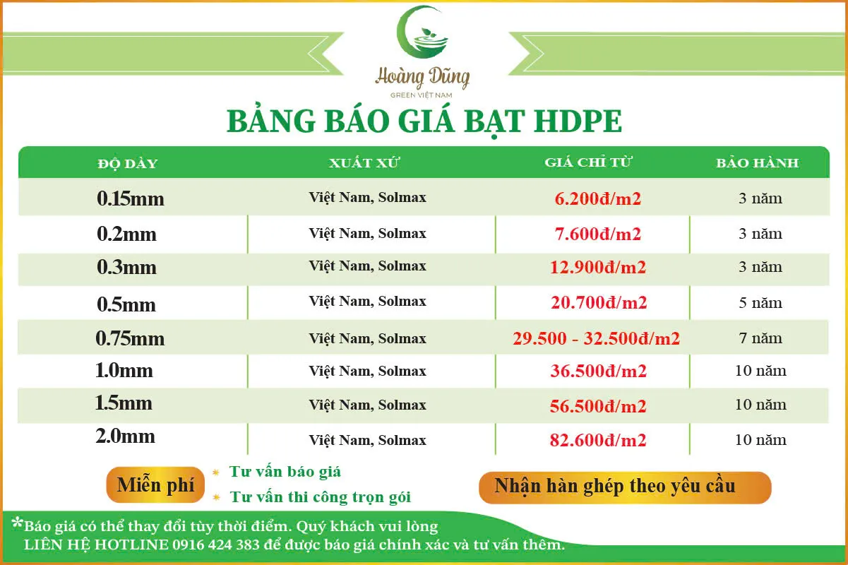 Bảng báo giá bạt HDPE chi tiết theo độ dày và khổ