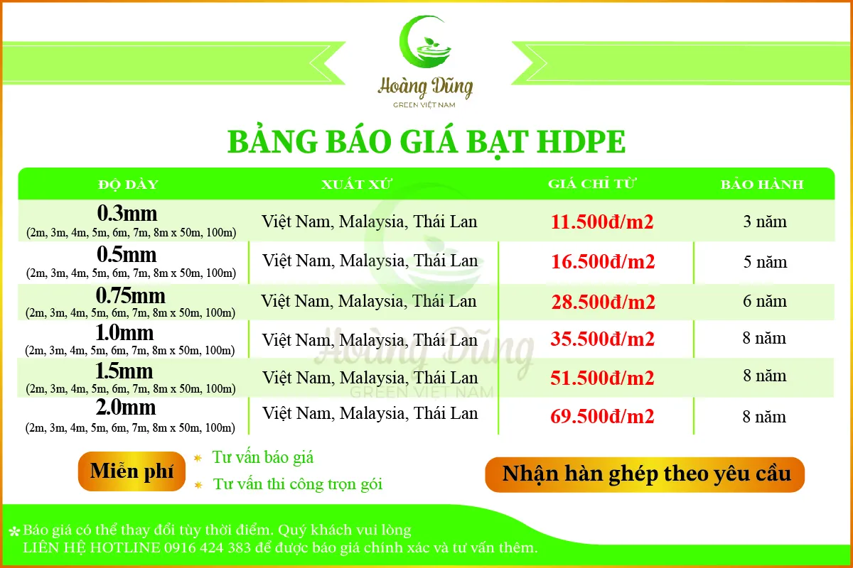 bảng báo giá bạt HDPE