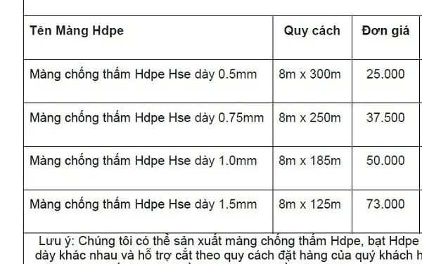 Bảng báo giá màng chống thấm HDPE chuyên dụng lót ruộng muối cập nhật mới nhất