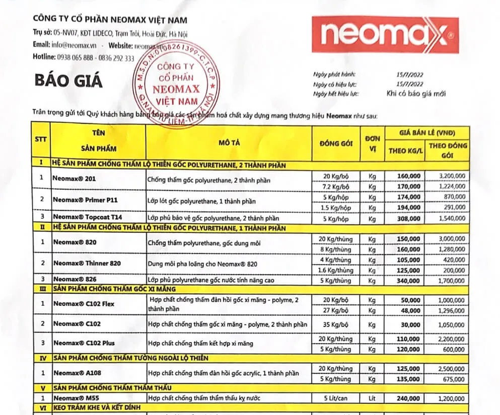 Bảng báo giá Neomax (Trang 1/2)