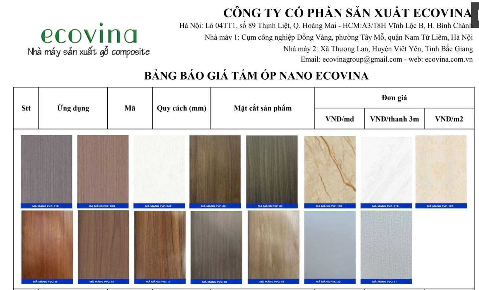 Bảng báo giá tấm ốp nano Ecovina cạnh tranh, cung cấp giải pháp ốp tường hiệu quả.