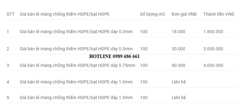 Bảng giá bán lẻ bạt HDPE chống thấm