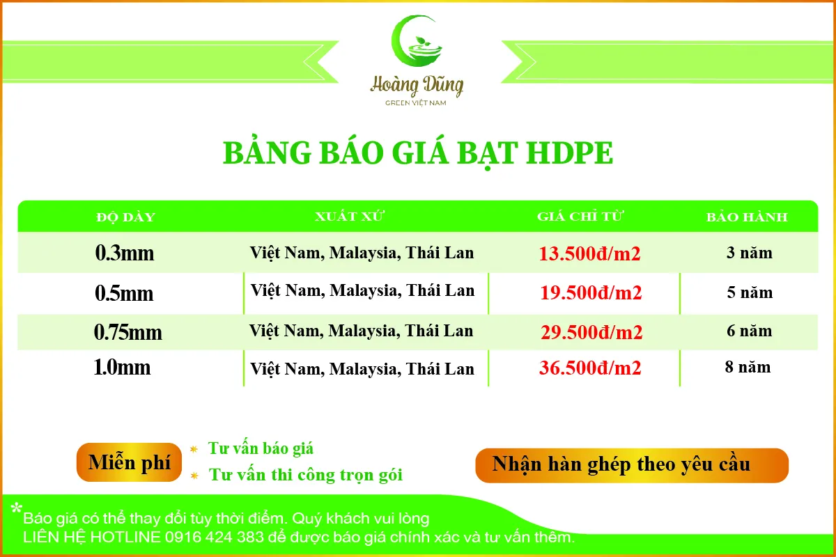 Bảng giá bạt HDPE lót ao nuôi tôm tham khảo