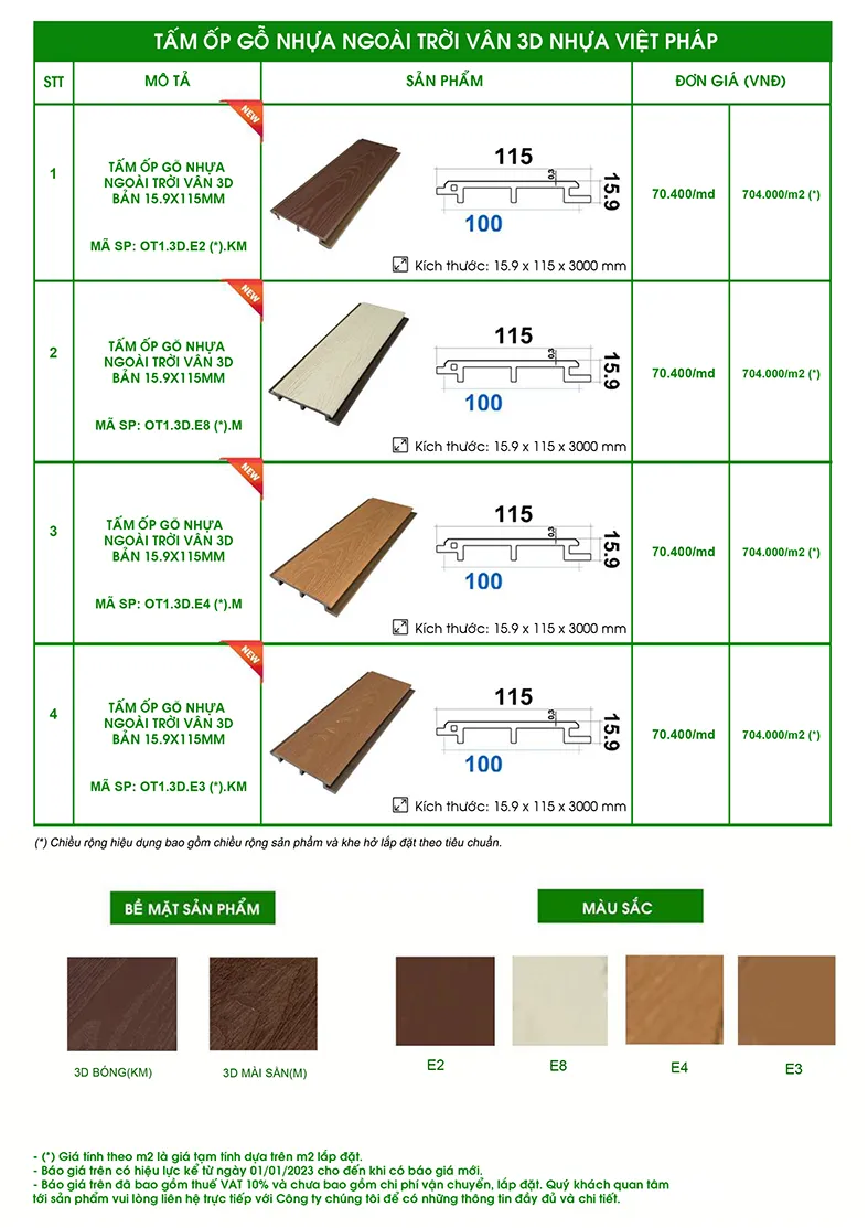 Bảng giá tấm ốp tường PVC ngoài trời vân gỗ 3D