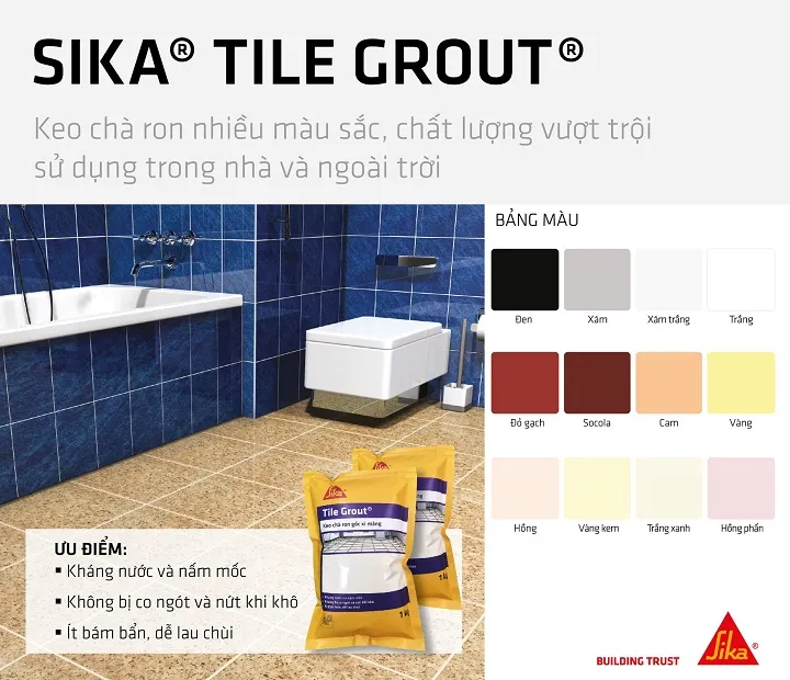 Bảng màu keo chà ron Sika Tile Grout cho các loại gạch khác nhau