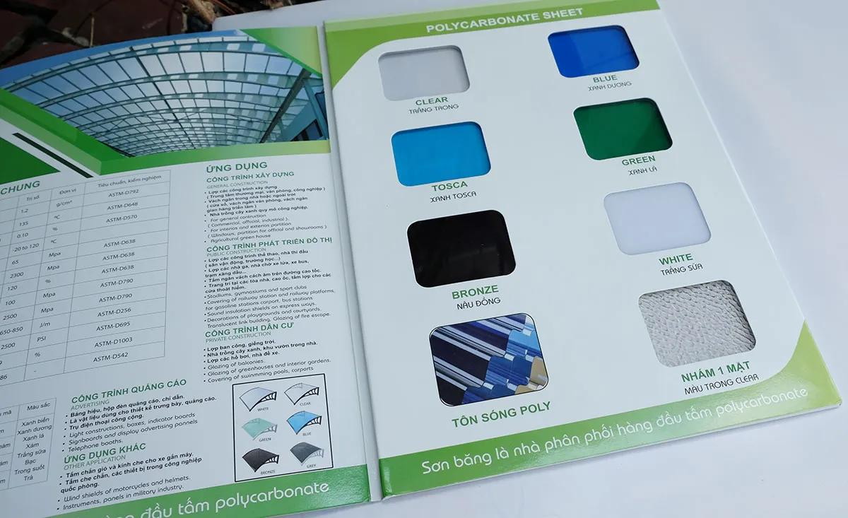 Bảng màu sắc tấm nhựa PVC lợp mái chống nóng