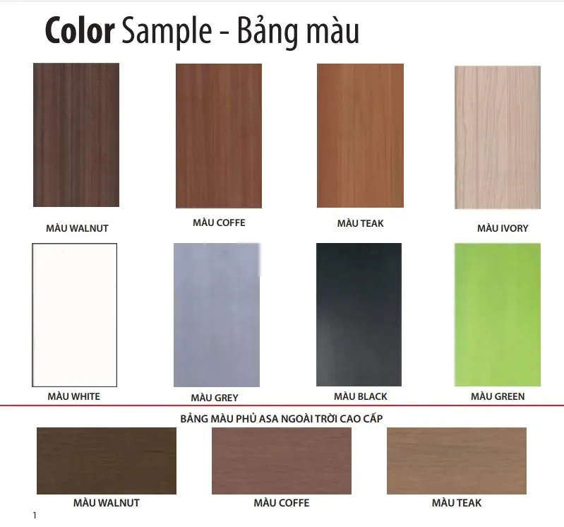 Bảng màu vân gỗ cơ bản của tấm composite ốp tường Ecovina, đa dạng lựa chọn cho không gian sống.