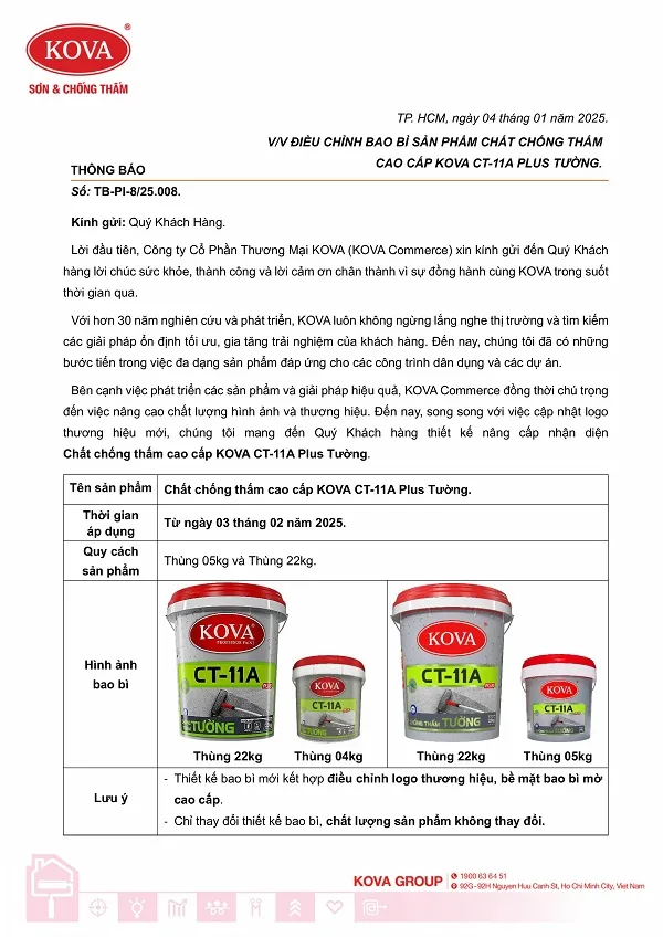 Bao bì mới Kova CT11A Plus Tường sau điều chỉnh