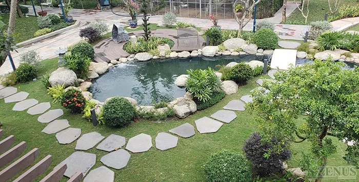 Bể cá koi sân vườn phong cách hiện đại với đá tự nhiên.
