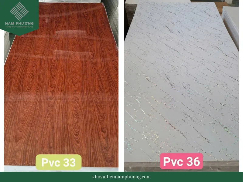 Bộ đôi mẫu tấm ốp PVC vân đá 33 và 36, thể hiện sự phong phú về đường vân và tông màu giả đá tự nhiên.