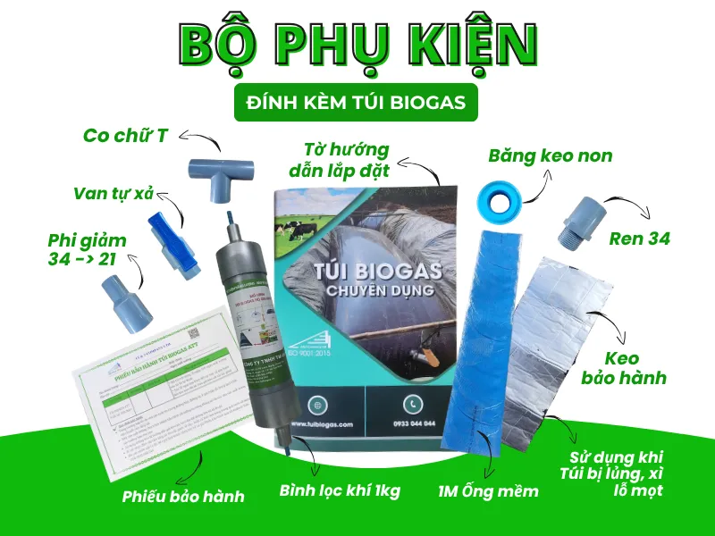 Bộ phụ kiện tiêu chuẩn đi kèm khi lắp đặt hệ thống túi biogas HDPE