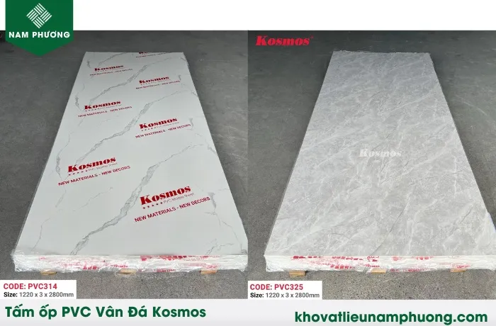 Bộ sưu tập tấm ốp PVC vân đá Kosmos, thể hiện sự đa dạng về màu sắc và vân đá tự nhiên.