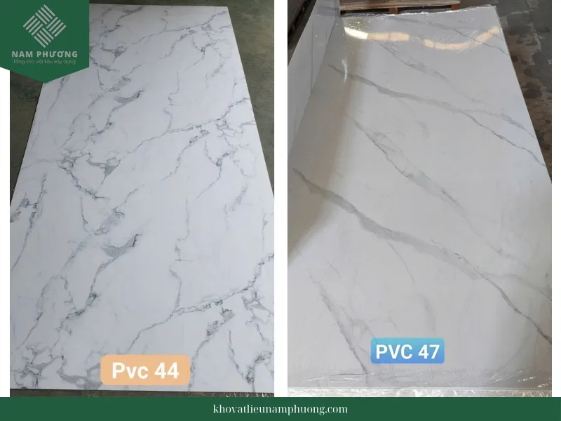 Bốn mẫu tấm ốp PVC vân đá từ 44 đến 47, minh họa sự đa dạng trong bộ sưu tập sản phẩm.