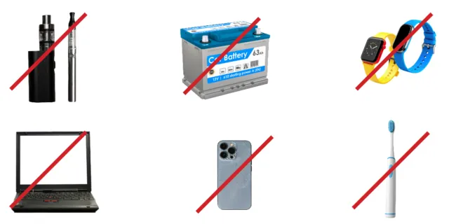 Bút vape, ắc quy ô tô, những thứ có pin bên trong: máy tính xách tay, điện thoại, đồng hồ thể dục, bàn chải đánh răng điện