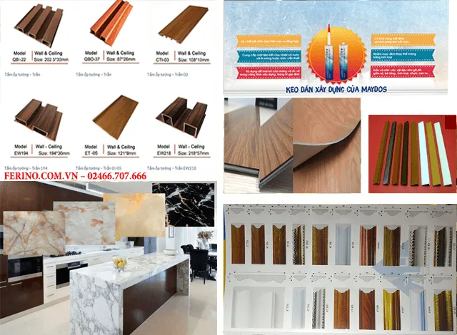 Các sản phẩm tấm nhựa ốp tường Ferino đa dạng từ vân đá đến vân gỗ, phù hợp mọi phong cách thiết kế