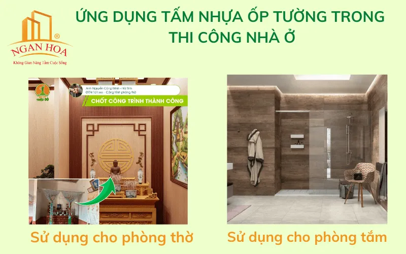 Các ứng dụng thực tế của tấm nhựa ốp tường trong không gian nhà ở, từ phòng khách, phòng tắm đến phòng bếp, thể hiện tính linh hoạt.