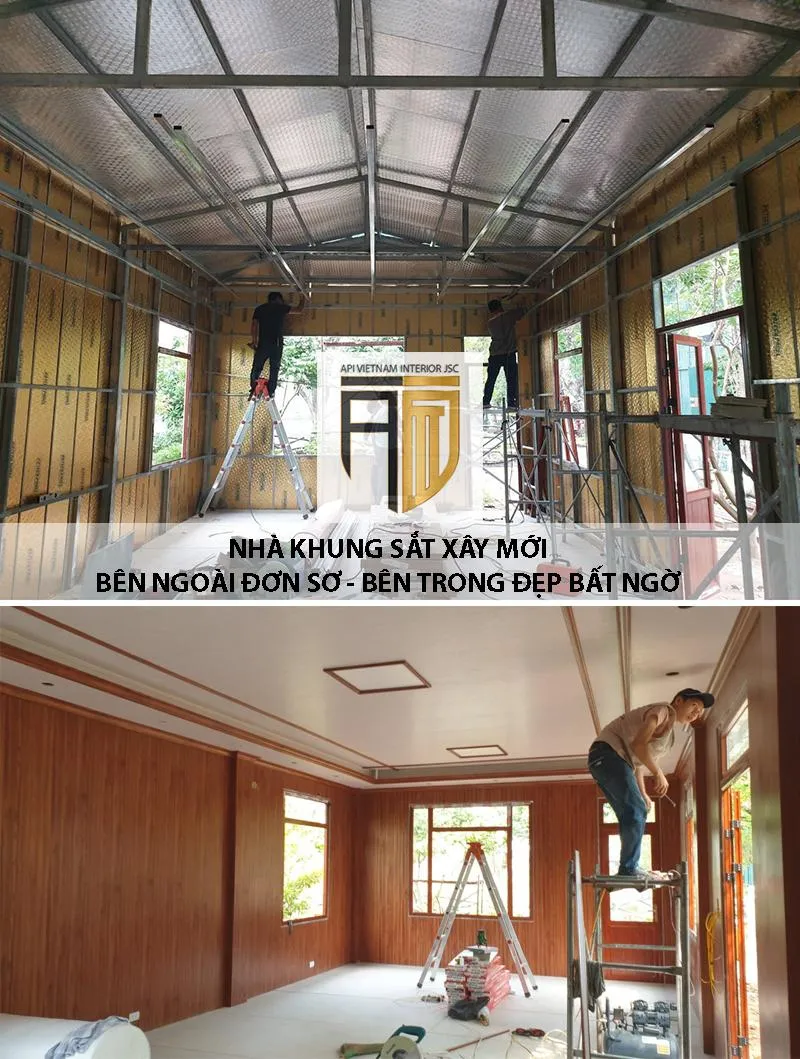 Cải tạo không gian nhà khung thép mái tôn bằng tấm ốp nano hiện đại
