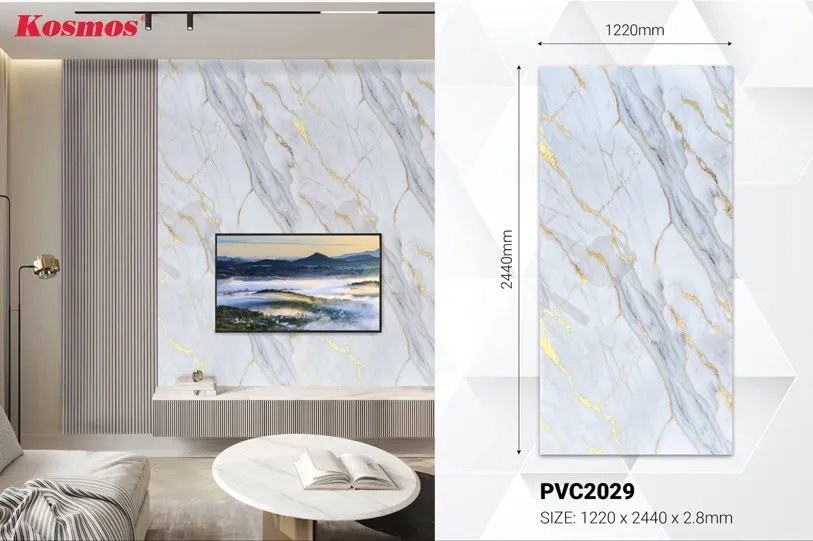 Cận cảnh mẫu tấm ốp PVC vân đá vàng PVC2029 giả đá Marble vân mây dát vàng