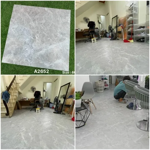 Cận cảnh tấm dán sàn giả đá mã TA48 với họa tiết vân đá xám tinh tế