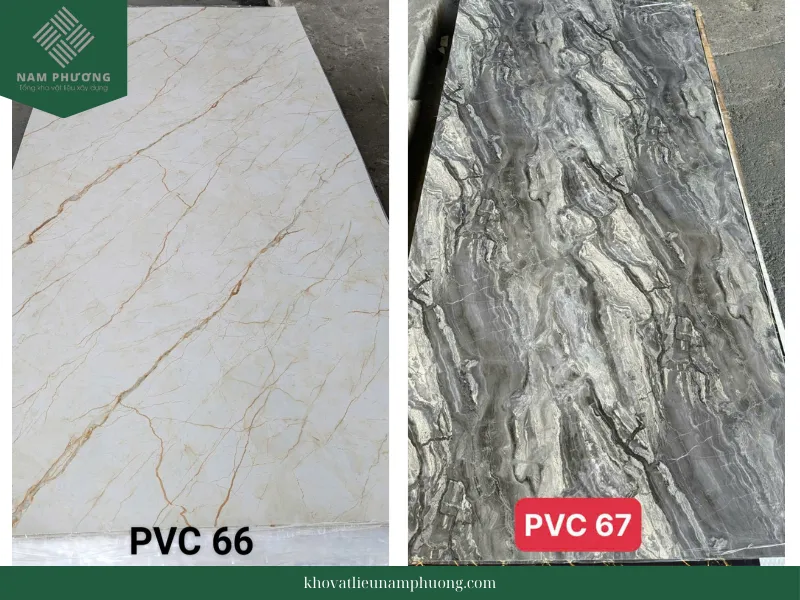 Cặp mẫu tấm ốp PVC vân đá 66 và 67, với các họa tiết vân đá tinh xảo và độc đáo.