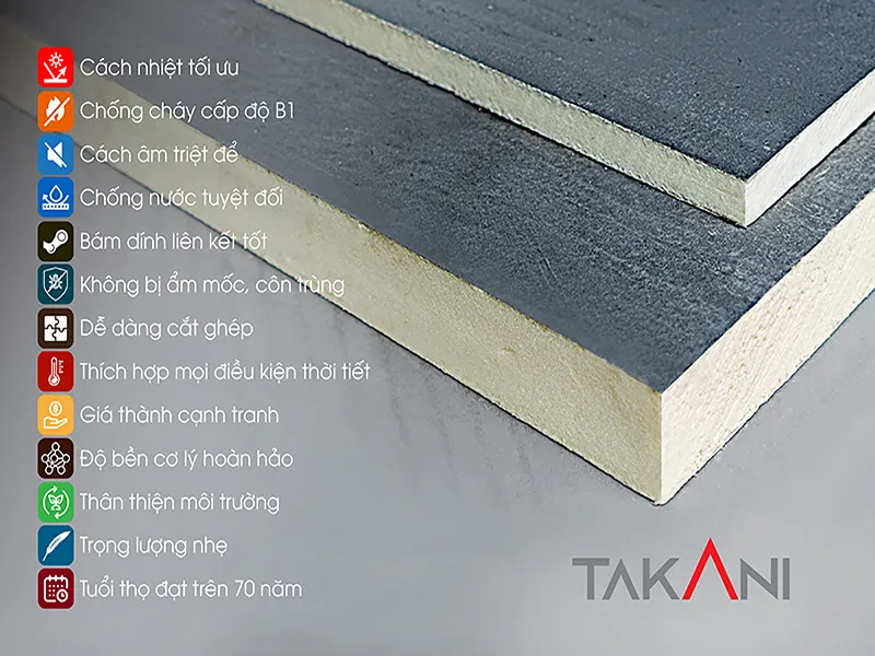 Cấu trúc đa lớp của tấm cách nhiệt Takani với lõi PIR và bề mặt xi măng polyme