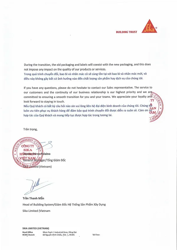 Chi tiết thông báo về việc đổi tên Masterseal 530 sang Sikatop 530 Seal với bao bì mới