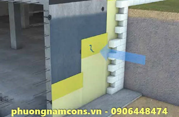 Chống thấm vách tầng hầm bên ngoài bằng màng bitum khò nóng, bảo vệ cấu trúc bê tông khỏi nước ngầm.