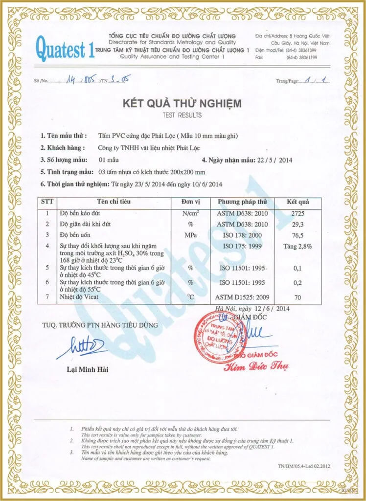 Chứng nhận chất lượng Quatest 1 cho nhua tam pvc Phát Lộc