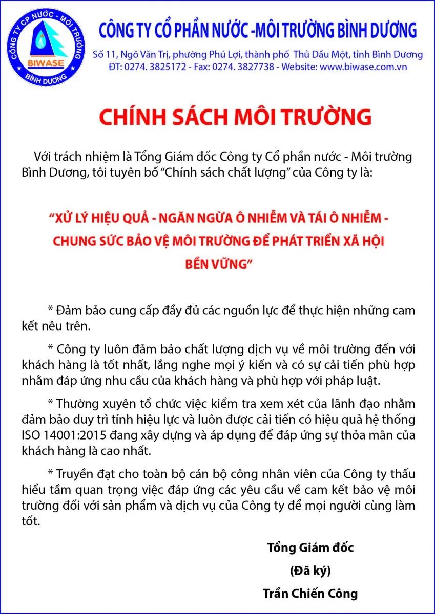 Chứng nhận ISO 14001 cho hệ thống quản lý môi trường, thể hiện sự tuân thủ chính sách môi trường