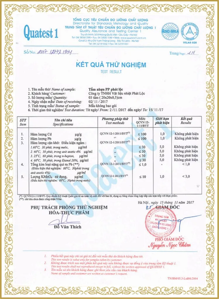 Chứng nhận Quatest 1 cho tấm nhựa PP