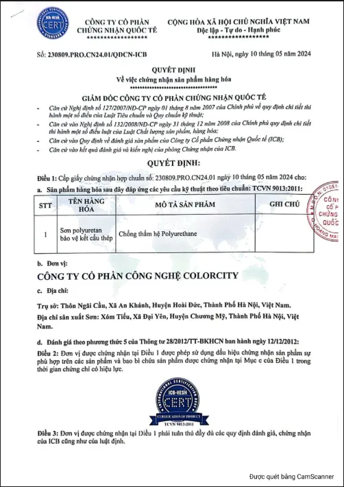 Chứng nhận tiêu chuẩn chống thấm gốc polyurethane
