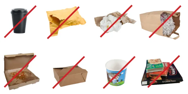 Cốc cà phê mang đi, hộp thức ăn, hộp pizza dính sốt, túi thư có đệm nhựa, khăn giấy, giấy vụn, hộp đông lạnh không tái chế được.