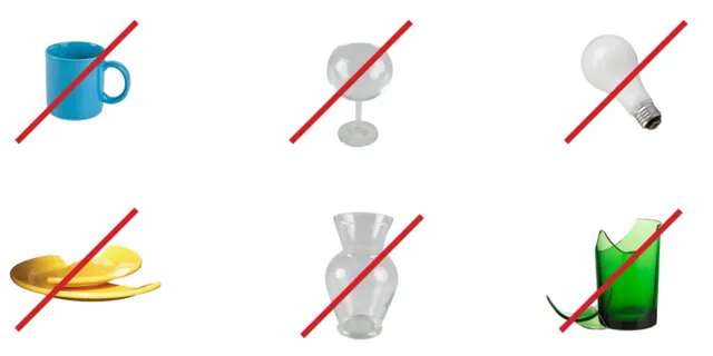 Cốc và đĩa gốm sứ, ly uống nước, bóng đèn, mảnh vỡ thủy tinh