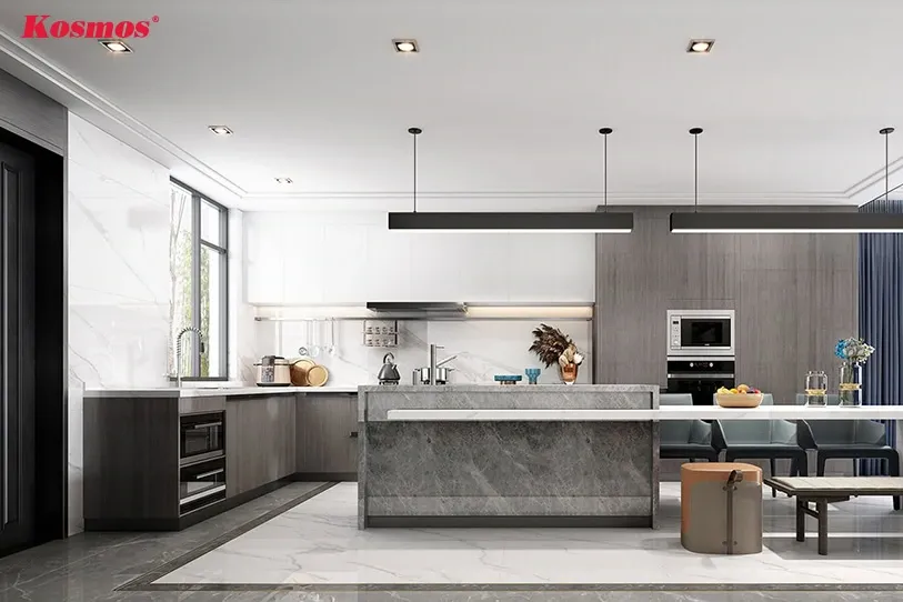 Đá là vật liệu ốp tường bếp sang trọng, bền đẹp