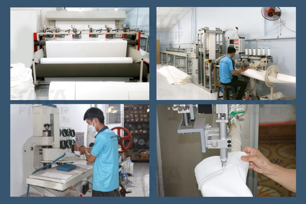 Dây chuyền sản xuất túi lọc bụi công nghiệp TATA Filter, chuyên cung cấp vật liệu lọc cho lò đốt rác.