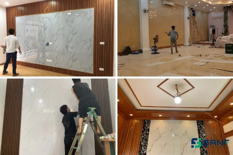 Đội ngũ thi công chuyên nghiệp lắp đặt tấm ốp tường vân đá cẩm thạch
