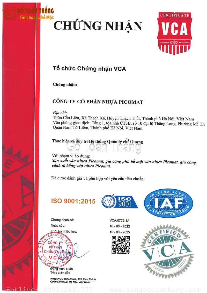 Giấy chứng nhận chất lượng ván nhựa chịu nước, đảm bảo độ bền