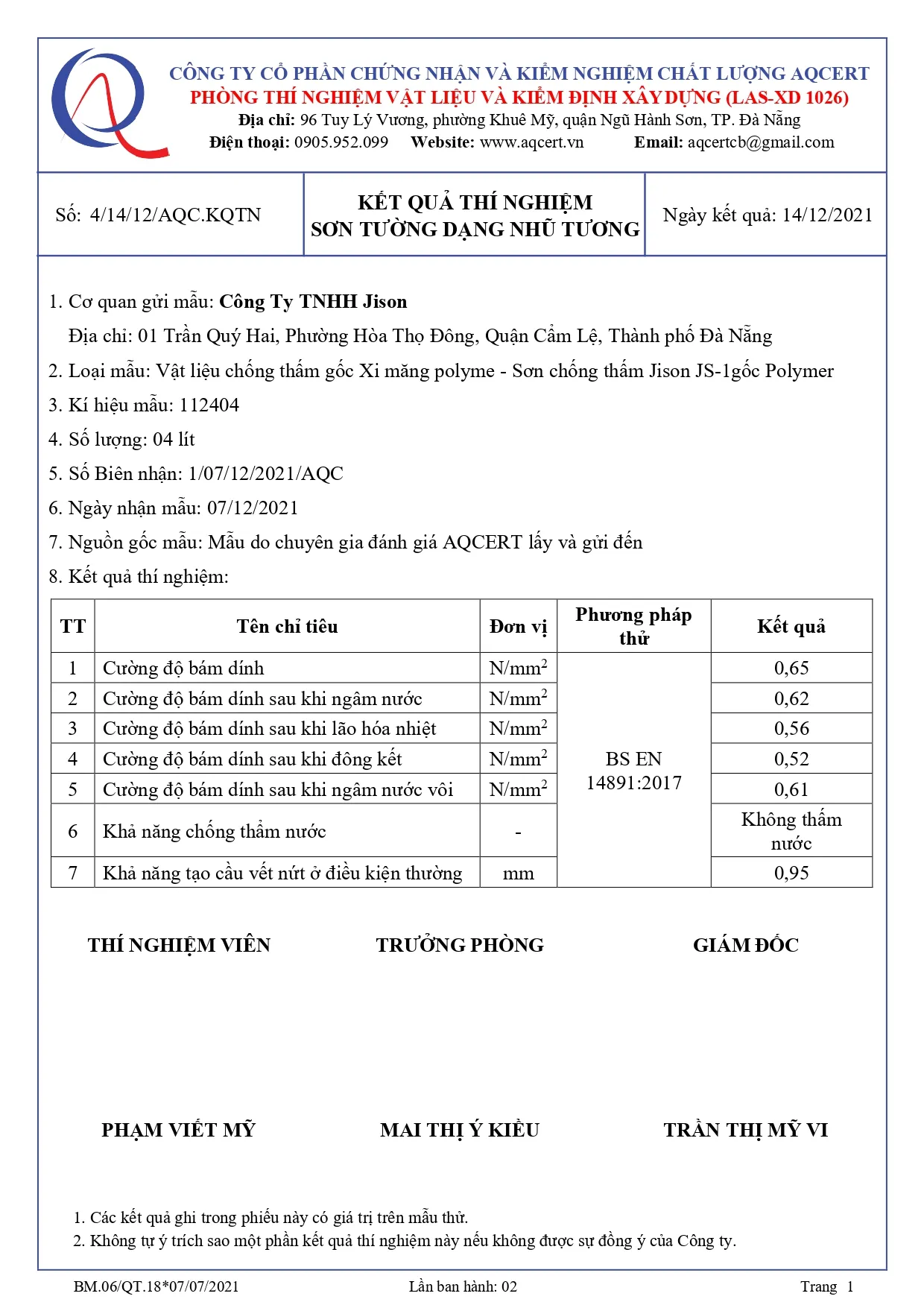 Giấy chứng nhận kết quả thí nghiệm sản phẩm chống thấm Jison JS-1, khẳng định chất lượng và độ an toàn
