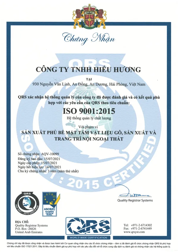 Giấy chứng nhận tiêu chuẩn chất lượng ISO 9001:2015 của Hiếu Hương, đảm bảo chất lượng ván MDF phủ Melamine.