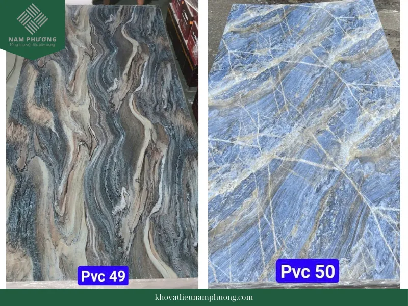 Hai mẫu tấm ốp PVC vân đá 49 và 50, với các lựa chọn màu sắc và vân đá phù hợp với nhiều phong cách.