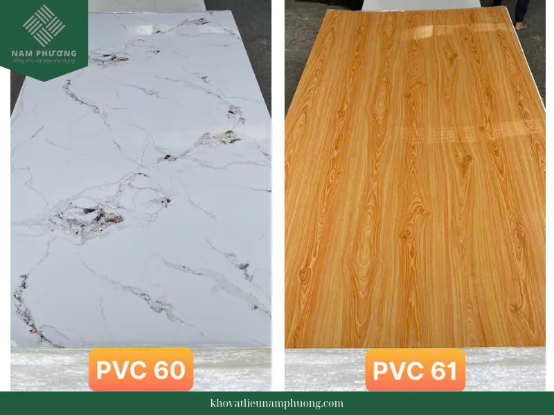 Hai mẫu tấm ốp PVC vân đá 60 và 61, thể hiện sự đa dạng về kiểu dáng và màu sắc trong bộ sưu tập.