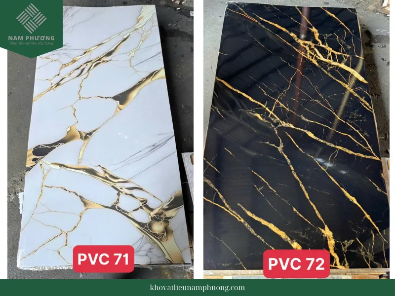 Hai mẫu tấm ốp PVC vân đá 71 và 72, hoàn thiện bộ sưu tập với nhiều lựa chọn hấp dẫn cho khách hàng.