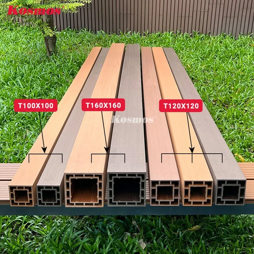 Hình ảnh các trụ Pergola gỗ nhựa với kích thước đa dạng từ 100x100mm đến 160x160mm, tạo sự vững chãi cho công trình.