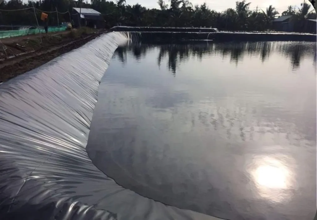 Hình ảnh màng chống thấm HDPE màu đen đang được trải trên mặt đất để chuẩn bị cho dự án địa kỹ thuật môi trường.