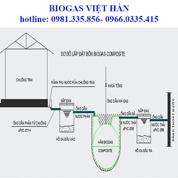 Hình ảnh minh họa nguyên lý vận hành của hầm biogas, mô tả dòng chảy nguyên liệu và thu gom khí sinh học.
