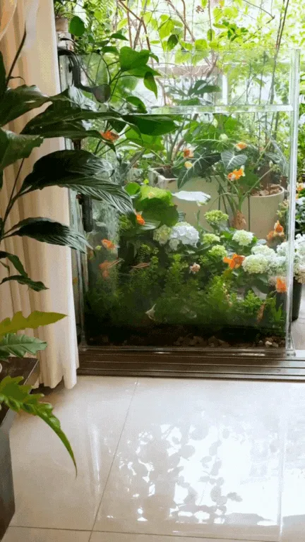 Hồ cá đặt ở ban công cần có mái che, kích thước phù hợp với không gian đồng thời phải tạo được môi trường sạch sẽ cho cá.