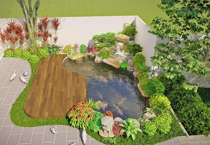 Hồ cá sân vườn nhỏ đẹp tạo điểm nhấn thẩm mỹ cho không gian ngoại thất